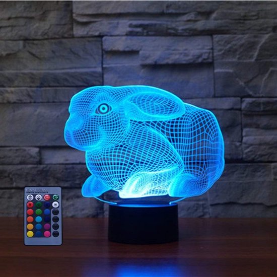 3D Konijn Nachtlampje met Afstandsbediening - 7/16 Kleuren LED Tafellamp voor Kinderen