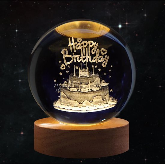 3D Kristallen Bal Happy Birthday - Nachtlampje - LED Glas Licht Hologram lamp met Massief Houten Basis - Nachtlamp - Cadeau idee - Verlichting - USB aansluiting - Woondecoratie van Volcanics.