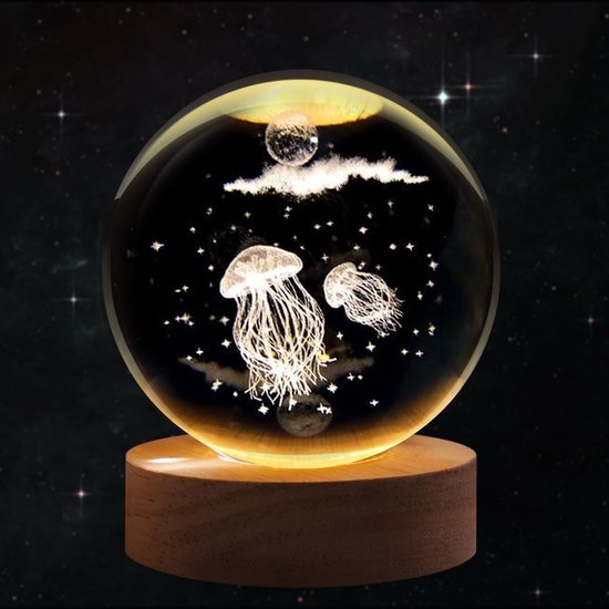 3D Kristallen Bal Jellyfish - Nachtlampje - LED Glas Licht Hologram lamp met Massief Houten Basis - Nachtlamp - Cadeau idee - Verlichting - USB aansluiting - Woondecoratie van Merkloos