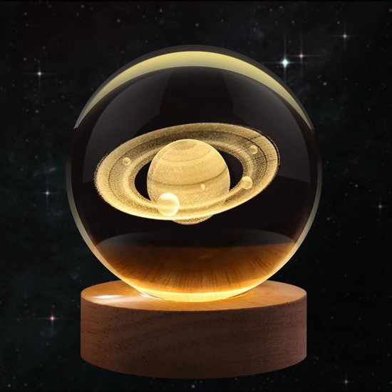 3D Kristallen Bal Nachtlampje - Saturnus - LED Glas Licht Hologram Lamp met Massief Houten Basis - Nachtlamp - Cadeau idee - Verlichting - USB aansluiting van Merkloos