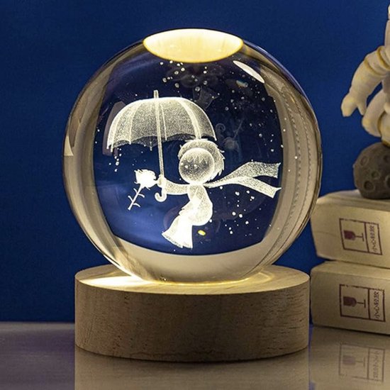 3D Kristallen Bal Nachtlampje - The Little Prince - LED Glas Licht Hologram Lamp met Massief Houten Basis - Nachtlamp - Cadeau idee - Verlichting - USB aansluiting van Merkloos