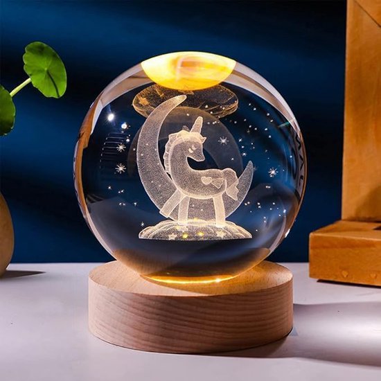 3D Kristallen Bal Nachtlampje - Unicorn - LED Glas Licht Hologram Lamp met Massief Houten Basis - Nachtlamp - Cadeau idee - Verlichting - USB aansluiting van GovimJQS