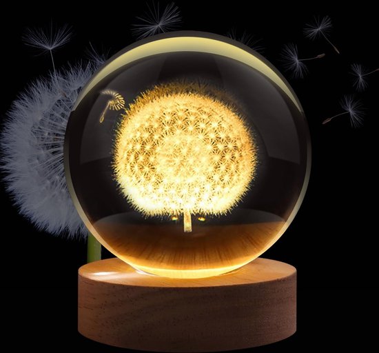 3D Kristallen Bal Paardebloem - Nachtlampje - LED Glas Licht Hologram lamp met Massief Houten Basis - Nachtlamp - Cadeau idee - Verlichting - USB aansluiting - Woondecoratie van Balvi