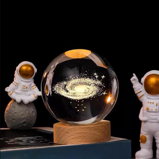 3D Kristallen Bol Nachtlamp - LED Planeet Scene met Houten Basis - Sfeerverlichting voor Kinderen en Decoratie van Merkloos