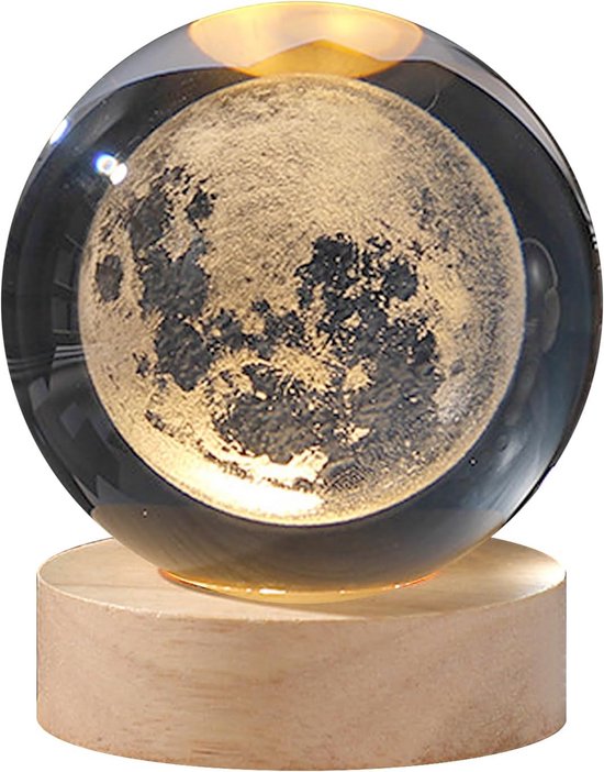 3D Kristallen Bol Nachtlamp met Houten Sokkel - Zonnestelsel en Planeet Thema