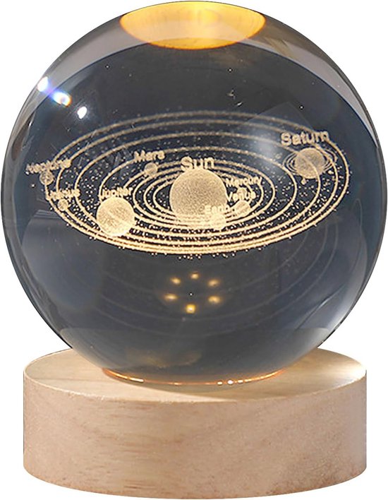 3D kristallen bol nachtlampje - Astronomie LED met houten sokkel - USB-oplaadbaar - Perfect voor kinderen, verjaardagen en feestdecoratie
