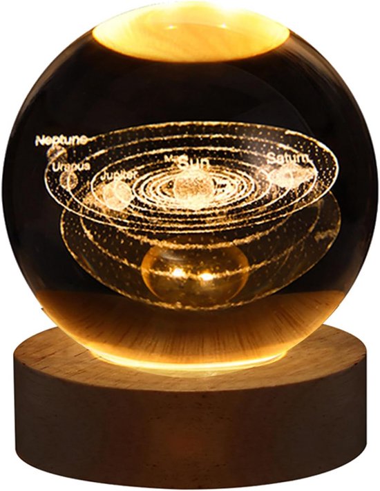 3D Kristallen Bol Nachtlampje met Houten Basis - Zonnestelsel, Saturnus of Maan Design