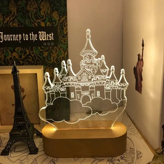 3D Lamp - Sprookjeskasteel - Lampen - Houten basis - met Pen - Warm Wit Licht - LED Verlichting - Kamerlamp - Nachtlampjes van Balvi