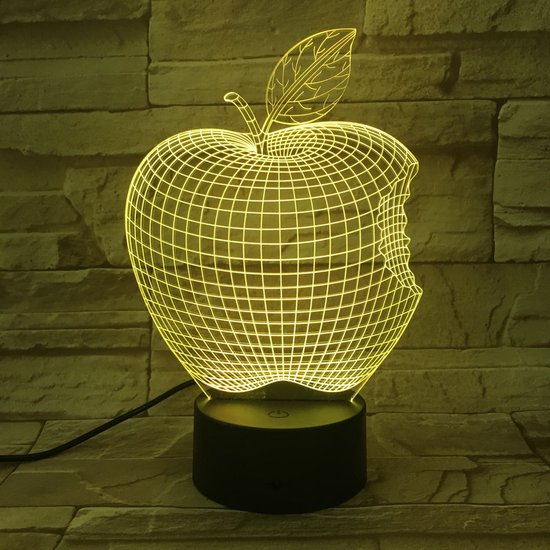 3D Led Lamp Met Gravering - RGB 7 Kleuren - Appel van Merkloos