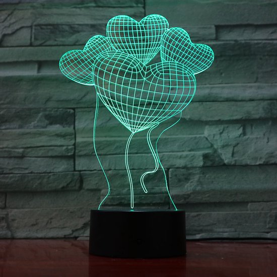 3D Led Lamp Met Gravering - RGB 7 Kleuren - Hartjes Ballonnen van Merkloos