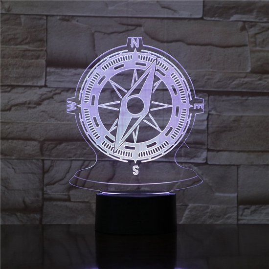 3D Led Lamp Met Gravering - RGB 7 Kleuren - Kompas