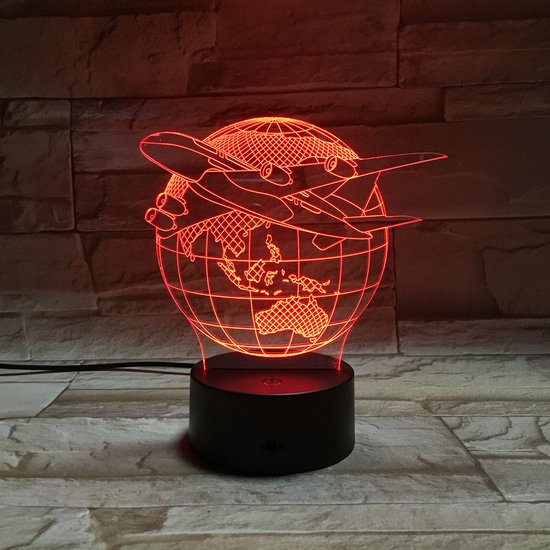 3D Led Lamp Met Gravering - RGB 7 Kleuren - Wereldbol Met Vliegtuig van Merkloos