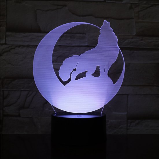 3D Led Lamp Met Gravering - RGB 7 Kleuren - Wolf Maan van Merkloos