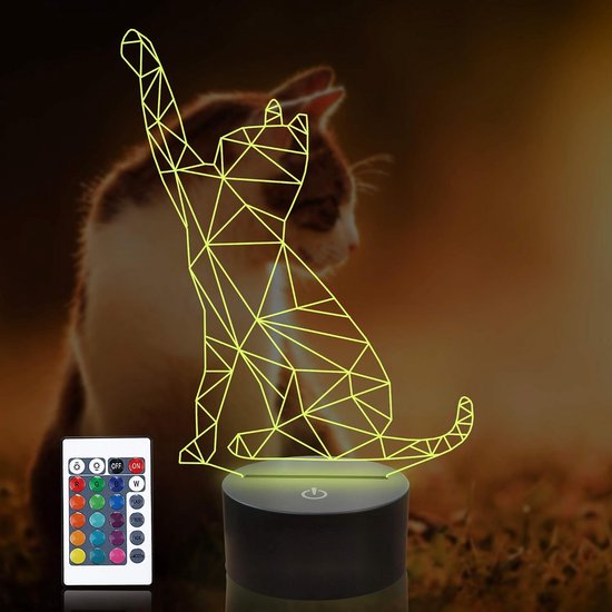 3D LED Nachtlampje Kat met 16 Kleuren - Aanraakschakelaar & Afstandsbediening - USB Bureaulamp voor Kinderen en Cadeau