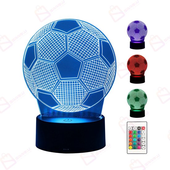 3D LED Voetbal Nachtlamp met Afstandsbediening - 16 Kleuren - 4 Lichtmodi (Flash, Strobe, Fade, Smooth) - Oplaadbaar & Netstroom - 3D voetbal lamp - LED nachtlamp - kinder nachtlamp - RGB sfeerverlichting - oplaadbare nachtlamp - CE –47959 van Merkloos
