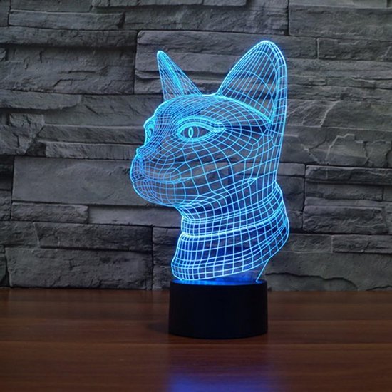 3D Optische Illusie Nachtlamp Kattenhoofd met 7 Kleuren, USB Touch-Bediening Tafelverlichting