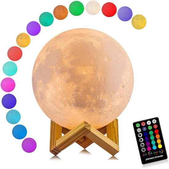 3D Print Maanlamp - Nachtlampje Decoratie - Romantische Sfeer Creëren - 16 Kleuren Dimbaar - 12 cm - Meerkleurig