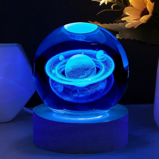 3D Saturnus Planeet Kristallen Bal Nachtlampje met Houten Voet, Space Galaxy LED Tafellamp, Tafeldecoratie, Cadeau voor Verjaardag en Jubileum, voor Woonkamerdecoratie（kleur）