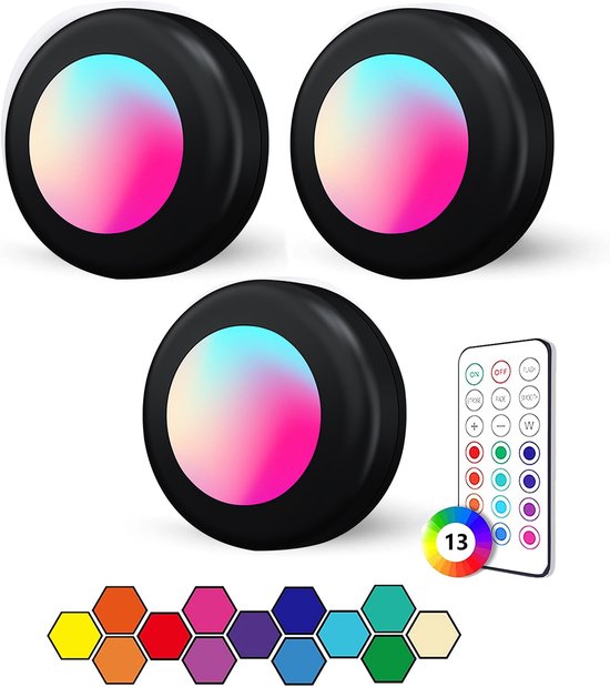 3stuks LED kast wand nacht lamp - verlichting - 16 kleuren inclusief afstandbieding - nachtlampje - woonkamer slaapkamer - Trapverlichting draadloos - op batterijen van Merkloos