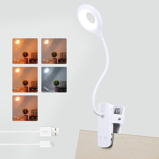 3W leeslamp met klem, type C opladen, 5 kleuren en 5 intensiteiten, touch-bureaulamp, werkt op batterijen, nachtlampje om te lezen, wit [Energieklasse A+] van Merkloos