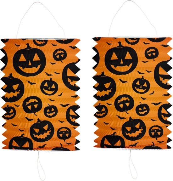 3x stuks ronde lampion 16 x 22 cm pompoenen - Halloween trick or treat lampionnen versiering - treklampion