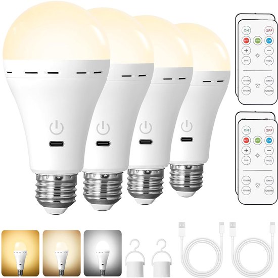 4 stuks E27 LED-lamp - Oplaadbare batterij met afstandsbediening - Dimbare lamp met timerfunctie, 3 kleurtemperaturen - Noodverlichting voor binnen en buiten van Merkloos