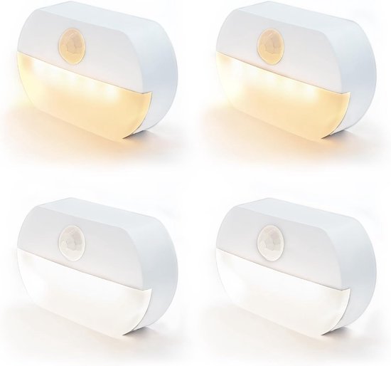 4 Stuks Nachtlampje met bewegingssensor - 2 witte +2 warm witte LED-bewegings nachtlampjes - Kastverlichting - traplicht - batterijsensorlamp - automatisch aan/uit - Draadloos op Batterij - voor gangen, slaapkamer, kinderkamer, directioneel van Merkloos