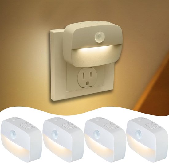 4 Stuks – Stekker Bewegingssensor Nachtlamp - 10-60Lm Traploos Dimbaar, 3 Modi & Geheugen – voor Slaapkamer, Toilet, Gang