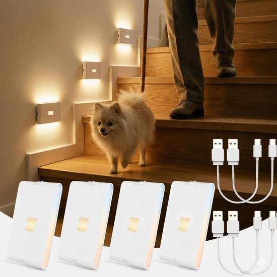4x LED Nachtlampje met Bewegingssensor en Schemersensor - USB-C Oplaadbaar (3000mAh) - Draadloze Kastverlichting - Voor Kinderkamer, Trap, Slaapkamer, Gang
