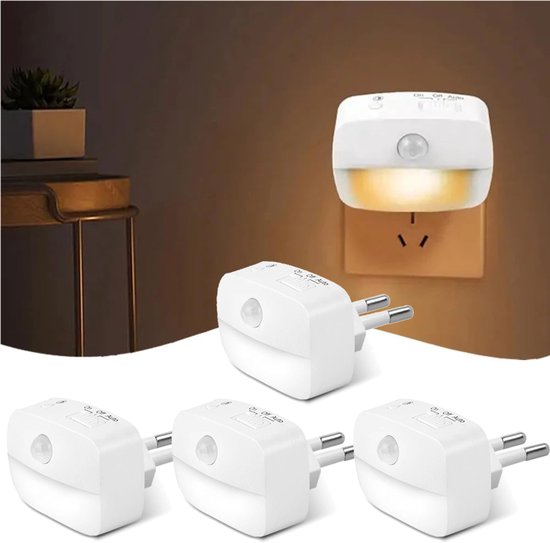 4x Nachtlampje met Bewegingssensor Plug-in- Nachtlampje Stopcontact - 3 Standen - LED Nachtlampje Stopcontact - Nachtlampje Babykamer - Nacht Lamp - Geschikt Voor Baby's, Kinderen en Volwassenen van Merkloos