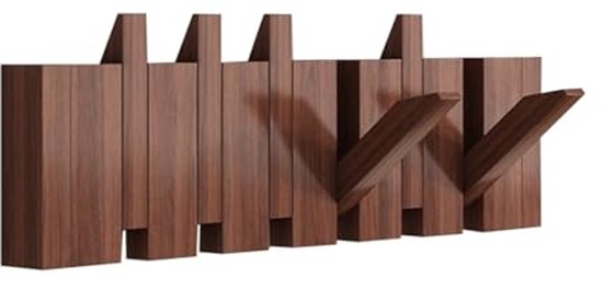 6-haaks wandhanger - kapstok - ophanghaken - Pianotoetshaken - Jassen- en tassenhanger - Massief hout - Walnootkleur