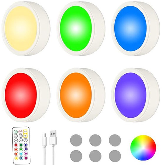 6 Kledingkastlampjes - Draadloze nachtlampjes - Magnetische kledingkastlampjes - Oplaadbaar - 13 dimbare kleuren - Met afstandsbediening, timerfunctie en magnetische bevestiging