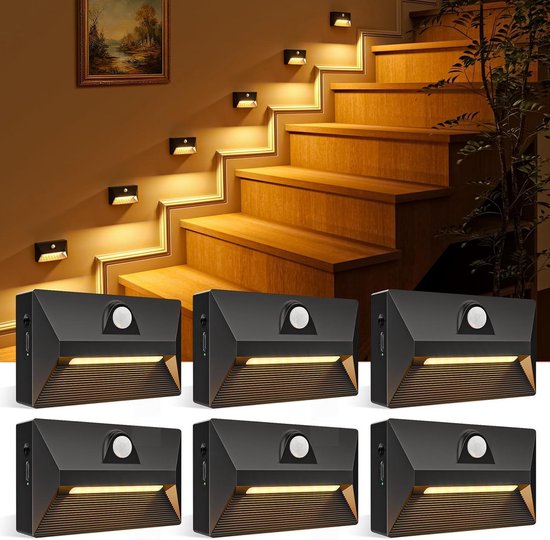 6 Stuks Draadloze LED Sensorlampen met Bewegingsdetectie - Oplaadbare Nachtlampjes voor Trap, Slaapkamer en Bedside - Slimme Wandlampen voor Studenten en Woonkamer van Merkloos