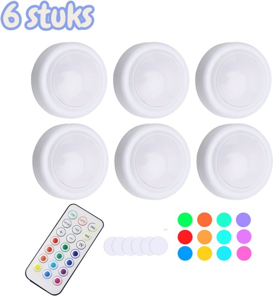 6 stuks - LED-nachtlampje met afstandsbediening - Pat-lampje - Kastlampje - Dimfunctie met timer - 12 kleuren - Geen batterijen inbegrepen - Aanraakschakelaar - RGB-kleurrijke lampjes - Perfect voor slaapkamer en woonkamer van Merkloos