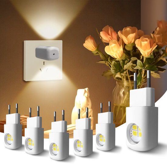 6 Stuks Mini LED Nachtlampjes met Lichtsensor - Plug-in Stopcontactlampjes voor Slaapkamer en Gang - Sfeerverlichting van Dusk tot Dawn - Energiesparende Binnenkamerlampen van Merkloos