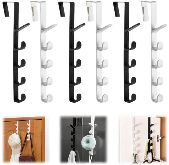 6 stuks Ophangrekken - Badkamerrek - Deurhaken - Keukenrek - Slaapkamerhaken - 5 haakposities - Kapstok - Kledingrek met haken - Draagvermogen van 5 kg - Voor deurpanelen, badkamers, studentenkamers, slaapkamers, keukens (Zwart, Wit - 28*4,5 cm)