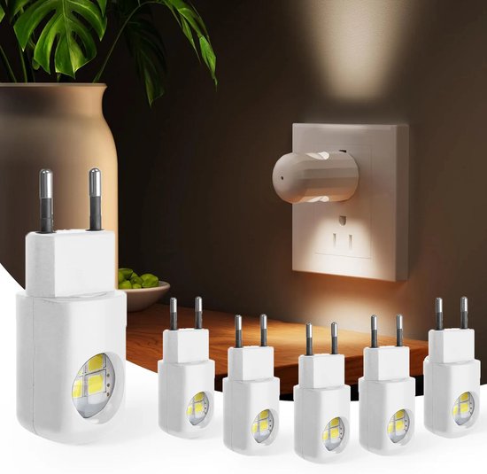 6-Stuks Wandstekker LED Nachtlampjes – 3000K Zacht Wit, Dusk to Dawn Sensor – voor Slaapkamer, Badkamer, Gang & Keuken van Merkloos