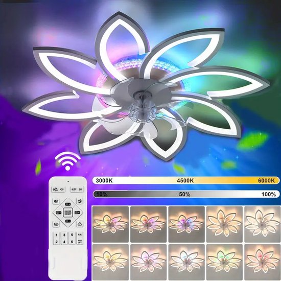 8 Bloem Ventilator Lamp - Moderne Plafondlamp Ventilator - 6 Standen - RGB - Dimbaar - Plafondventilator