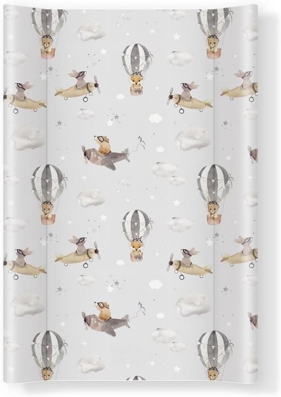 Aankleedkussen - Babyverzorging - Veilig verschonen - Afwasbaar PVC - 70x47 cm - Grijs met dieren