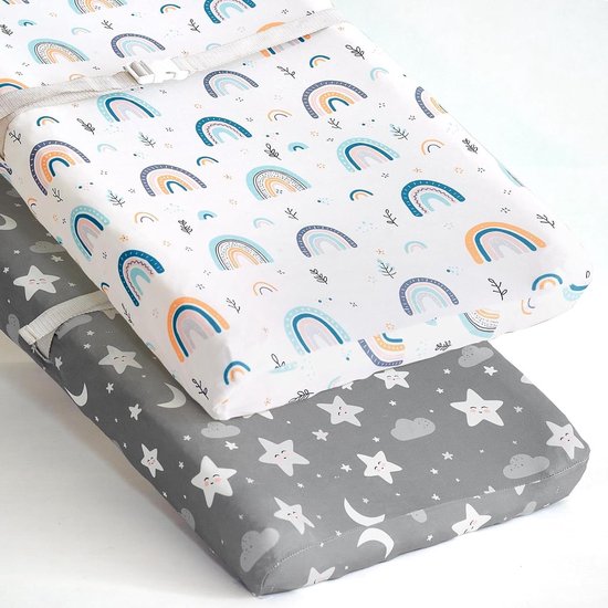 Aankleedkussenhoezen Baby - Luierwissel Hoezen - Comfortabel Verschoonmoment - Ultra Rekbaar Zacht - 2 Stuks - Regenboog Sterren