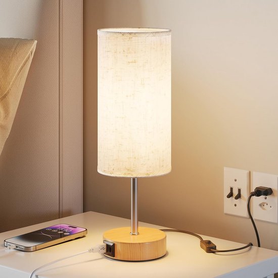 Aanraakbaar Nachtkastje Lamp met USB Oplaadpoorten en Warm Licht