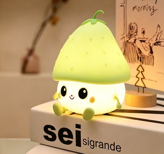 Aardbei Nachtlampje voor Kinderkamer, USB-Oplaadbare LED Bedlamp, 3 Helderheidsniveaus, Vertraagde uitschakelfunctie, Slaaplamp voor Baby, Peuter, Jongen en Meisje, Verjaardags- en Kerstcadeau（Groene aardbei）