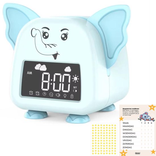 ADEL Slaapwekker & Slaaptrainer voor Kinderen - Kinderwekker / Kinderklok met Nachtlampje - Slaapschaap - Incl. Beloningskaart - Lieve Olifant