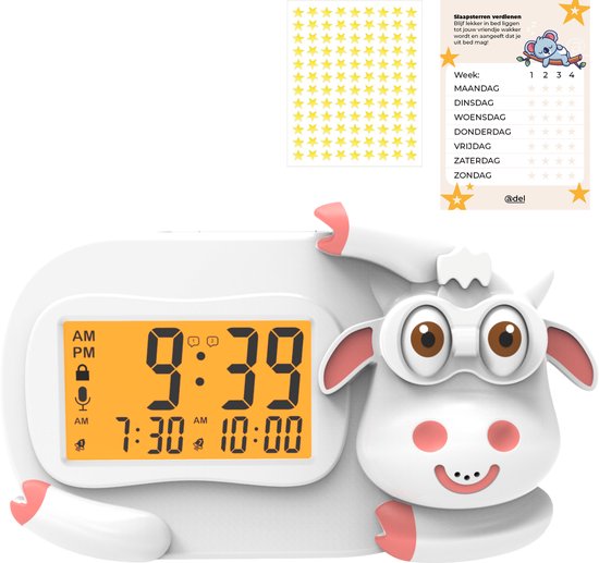 ADEL Slaapwekker & Slaaptrainer voor Kinderen – Kinderwekker voor de Slaapkamer – Vrolijke Kinderklok Inclusief Beloningskaart – Lieve Koe van ADEL