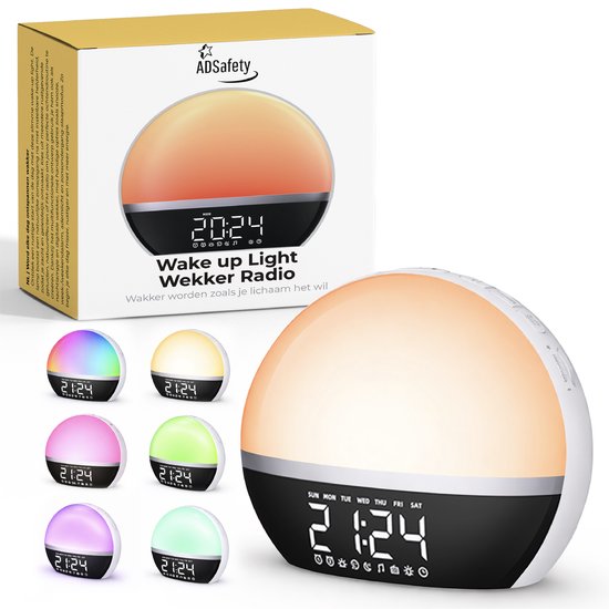 ADSafety Wake Up Light - Wekkerradio - Digitale Wekker - Dimbare Lichtwekker - 20 Helderheid niveaus - 25 White Noise geluiden - Snooze - Nachtlampje van Merkloos