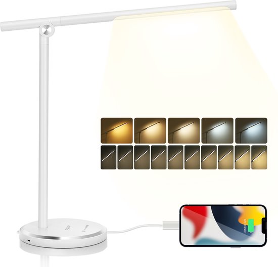 Aigostar Bureaulamp led dimbaar - 10 helderheidsmodi - 5 lichtkleuren - Opvouwbaar - USB Opladen - Smart Touch - Leeslamp - Tafellamp - Wit