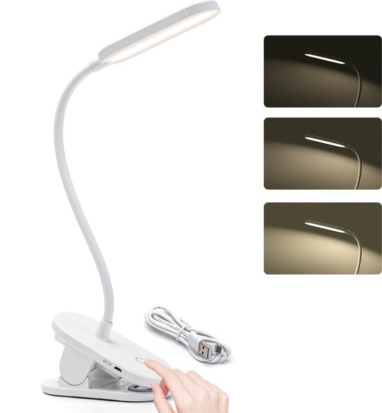 Aigostar bureaulamp met klem - Dimbaar - 3 Helderheid - Opladende USB - incl. Batterijen - Verstelbare Leeslamp - Wit