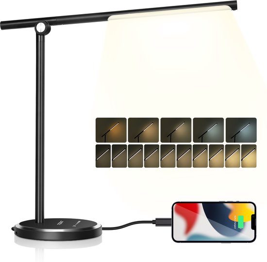 Aigostar LED Bureaulamp Dimbaar - 5 Lichtstanden & 10 Helderheden - Met USB-poort - Opvouwbaar - Leeslamp & Bedlamp - Zwart