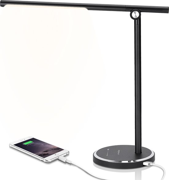 Aigostar LED Bureaulamp Dimbaar - Oogvriendelijke Tafellamp met Touchbediening - 5 Lichtkleuren en 10 Helderheidsniveaus - USB Poort - Zwart
