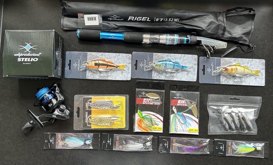 Aktiepakket hengelsport artikelen, Hengel met hoes, Molen met draad, Diverse kunstaas van Merkloos